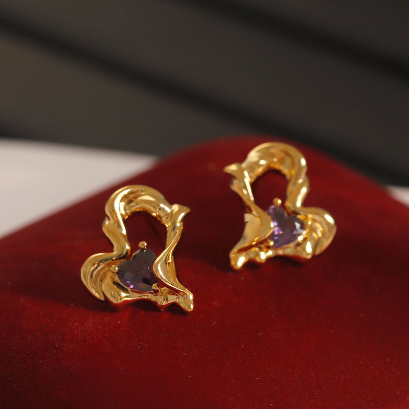 1 Par Estilo Vintage Forma De Corazón Esmalte Embutido Cobre Circón Chapados en oro de 18k Pendientes De Gota
