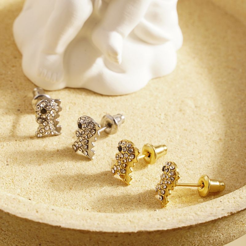 1 Par Estilo IG Lindo Dinosaurio Embutido Acero Inoxidable 304 Diamantes De Imitación Chapados en oro de 18k Pendientes