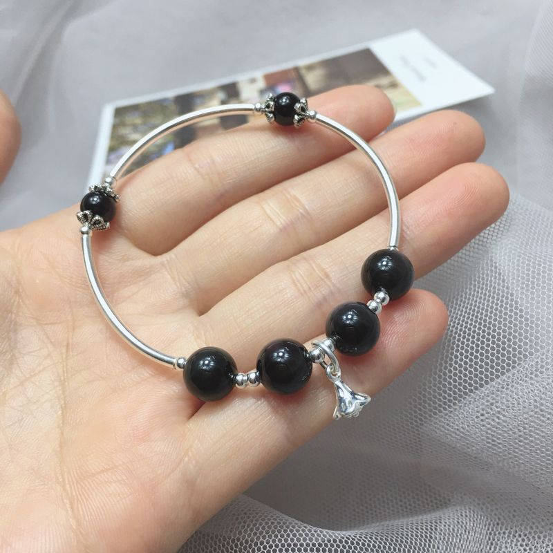Sterling Silver Simple Style Flower Inlay Obsidian Bangle