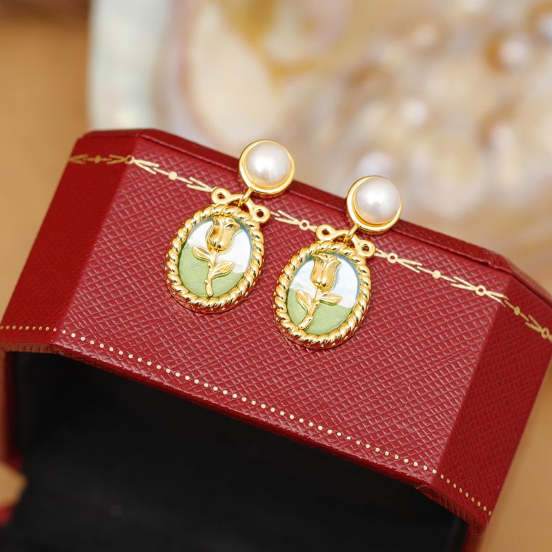Vintage Style French Style Flower Copper Enamel Plating Freshwater Pearl Drop Earrings 1 Pair