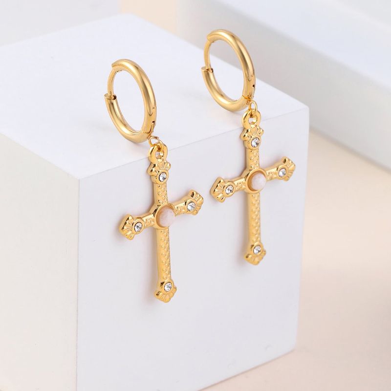 1 Pair Classic Style Cross Inlay 304 Stainless Steel Zircon 18K Gold Plated Drop Earrings
