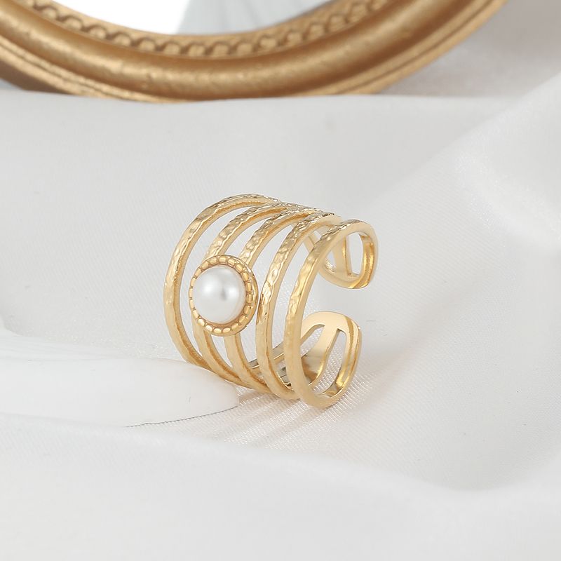 Edelstahl 304 14 Karat Vergoldet Dame Römischer Stil Inlay Blume Perle Offener Ring