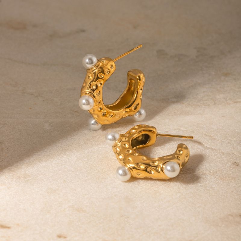 1 Pair Elegant Simple Style C Shape Plating Inlay 316 Stainless Steel  Artificial Pearls 18K Gold Plated Ear Studs