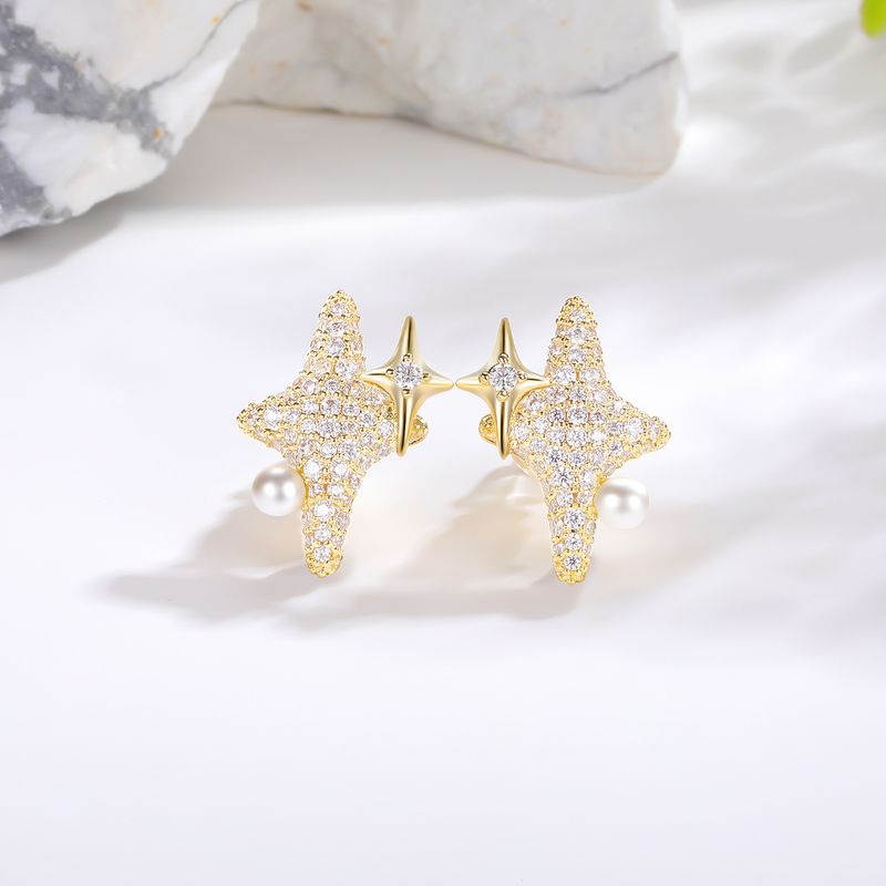 1 Pair Simple Style Star Inlay Copper Artificial Pearls Zircon 18K Gold Plated Ear Studs
