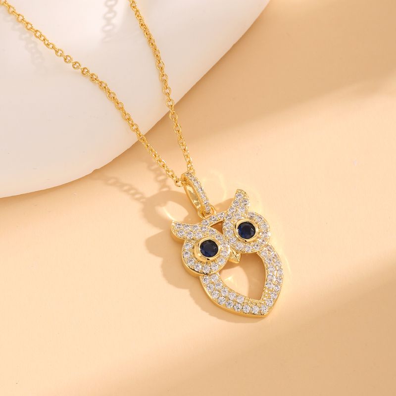 Copper 18K Gold Plated IG Style Cute Owl Hollow Out Inlay Zircon Pendant Necklace