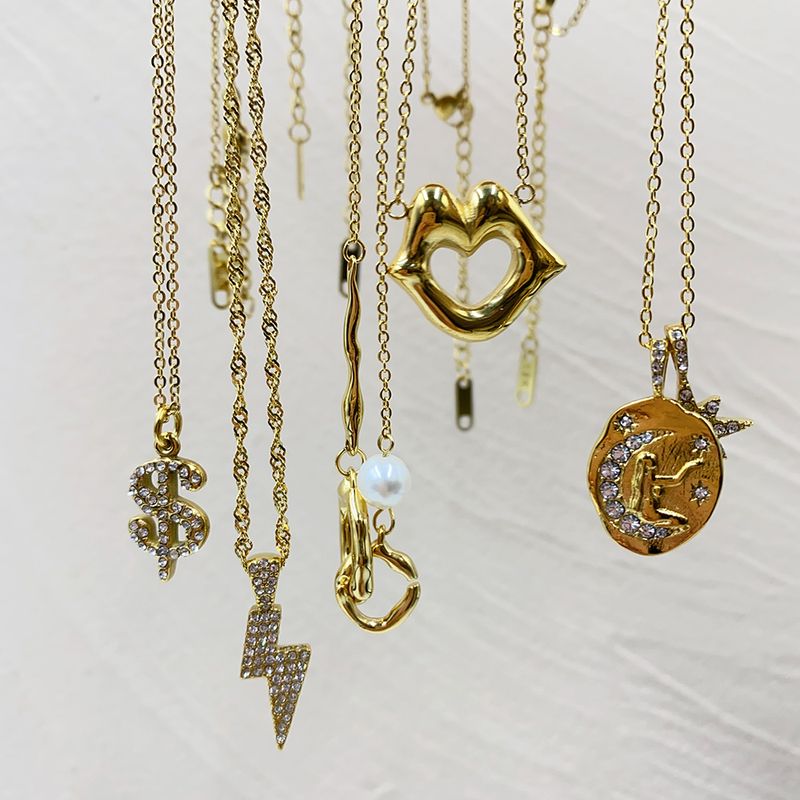 Acero Inoxidable Chapados en oro de 18k Estilo Vintage Estilo Simple Embutido Estrella Luna Relámpago Perlas Artificiales Circón Collar Colgante
