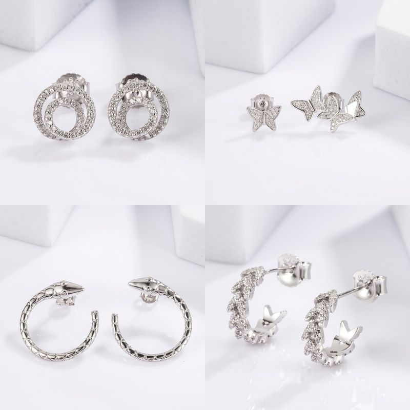 1 Pair Cute Sweet Circle Snake Butterfly Plating Inlay Sterling Silver Zircon White Gold Plated Ear Studs