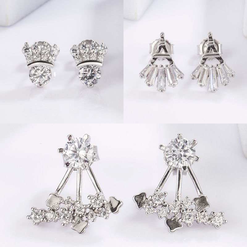 1 Pair Princess Simple Style Crown Plating Inlay Sterling Silver Zircon White Gold Plated Ear Studs