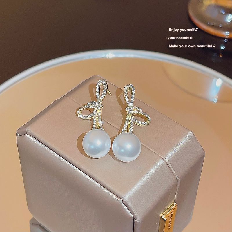 1 Piece IG Style Pearl Bow Knot Inlay Alloy Zircon 18K Gold Plated Drop Earrings
