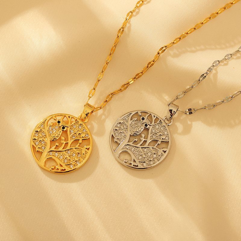 Pure Titanium Brass Cute Simple Style Inlay Tree Owl Artificial Diamond Pendant Necklace