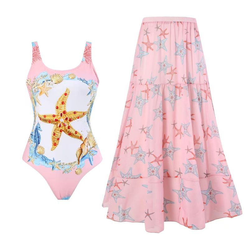 Women's Marine Style Color Block Starfish 2 Pieces Set One Piece Swimwear