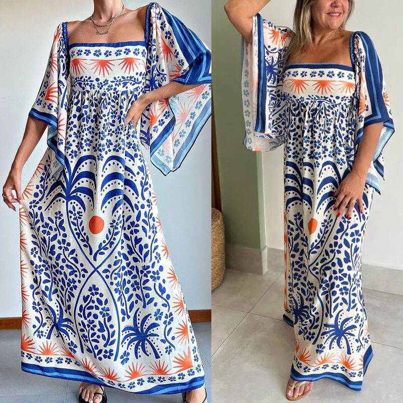 Women's Regular Dress Casual Boat Neck Backless Nine Points Sleeve Printing Maxi Long Dress Daily Tea Party