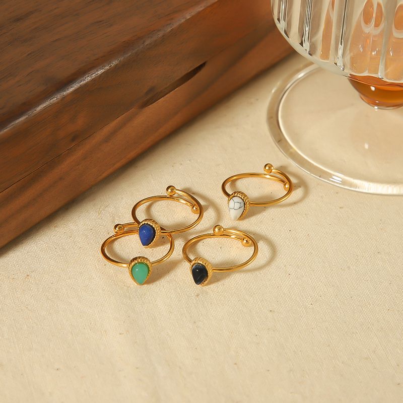 304 Stainless Steel 18K Gold Plated Casual Vintage Style Plating Inlay Water Droplets Natural Stone Open Rings