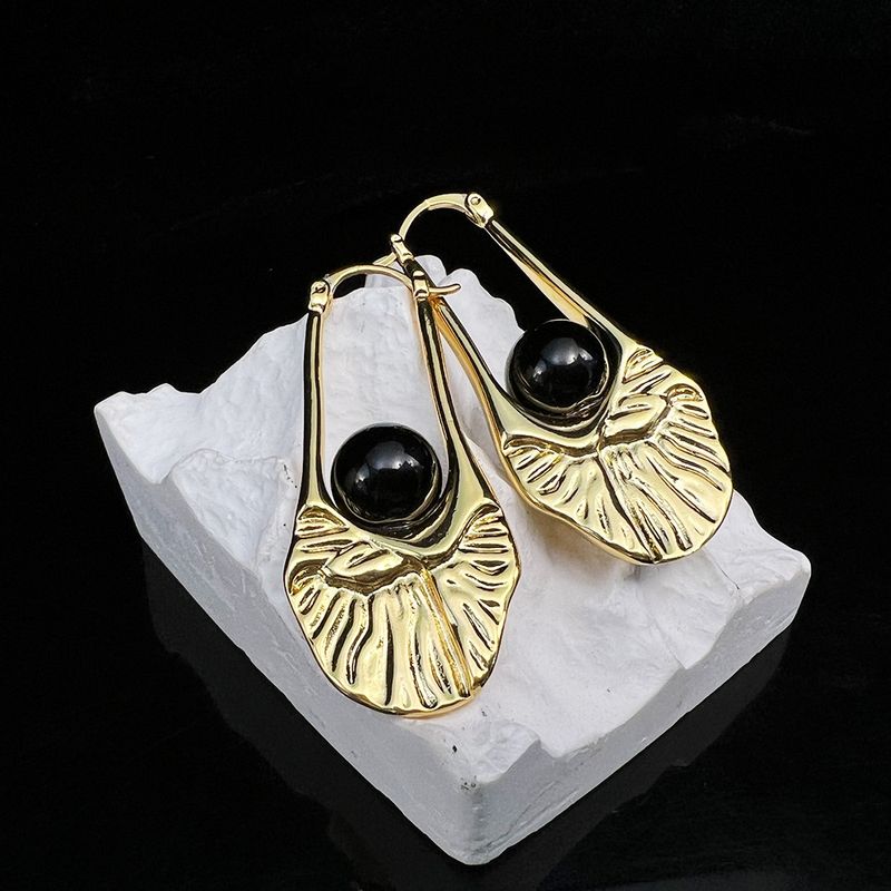 1 Par Retro Geométrico Embutido Cobre Obsidiana Chapado En Oro De 24 Quilates. Aretes