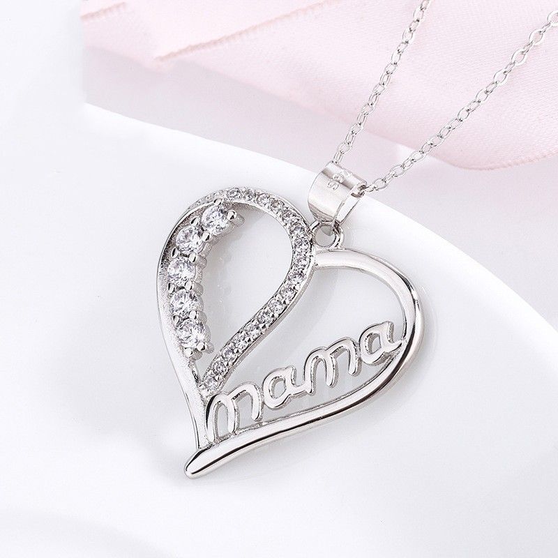 IG Style MAMA Shiny Letter Heart Shape Sterling Silver Hollow Out Inlay Zircon Pendant Necklace 1 Piece