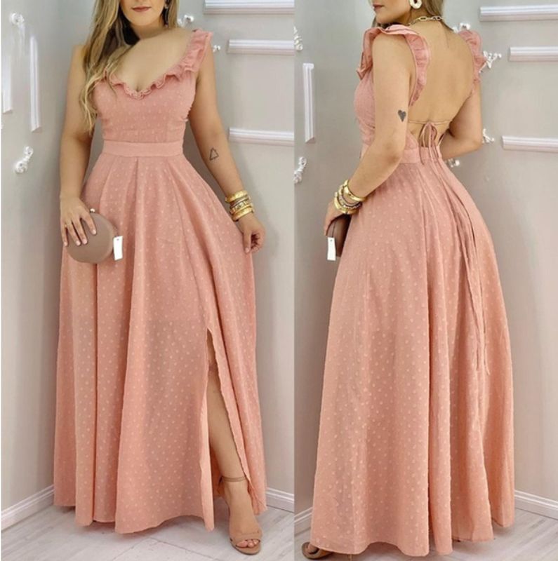 Frau Swing-Kleid Einfacher Stil V-Ausschnitt Rüschen Ärmellos Einfarbig Maxi Langes Kleid Täglich
