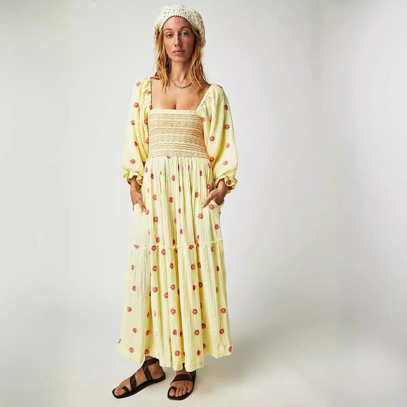 Women's Princess Dress Vintage Style Square Neck Backless 3/4 Length Sleeve Flower Maxi Long Dress Daily