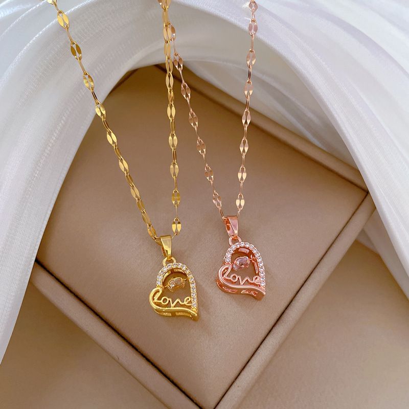 Titanium Steel IG Style Hollow Out Inlay Love Heart Shape Artificial Gemstones Pendant Necklace