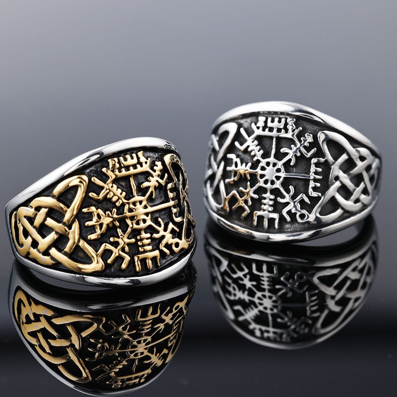 304 Stainless Steel 18K Gold Plated Retro Roman Style Totem Rings