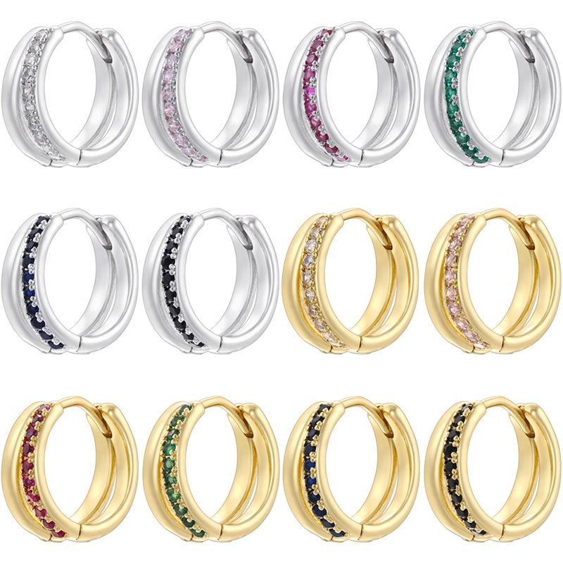 1 Pair Modern Style Shiny Double Ring Round Plating Inlay Copper Zircon 18K Gold Plated Earrings