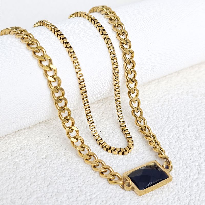 Stainless Steel Gold Plated Retro Roman Style Geometric Inlay Artificial Gemstones Double Layer Necklaces