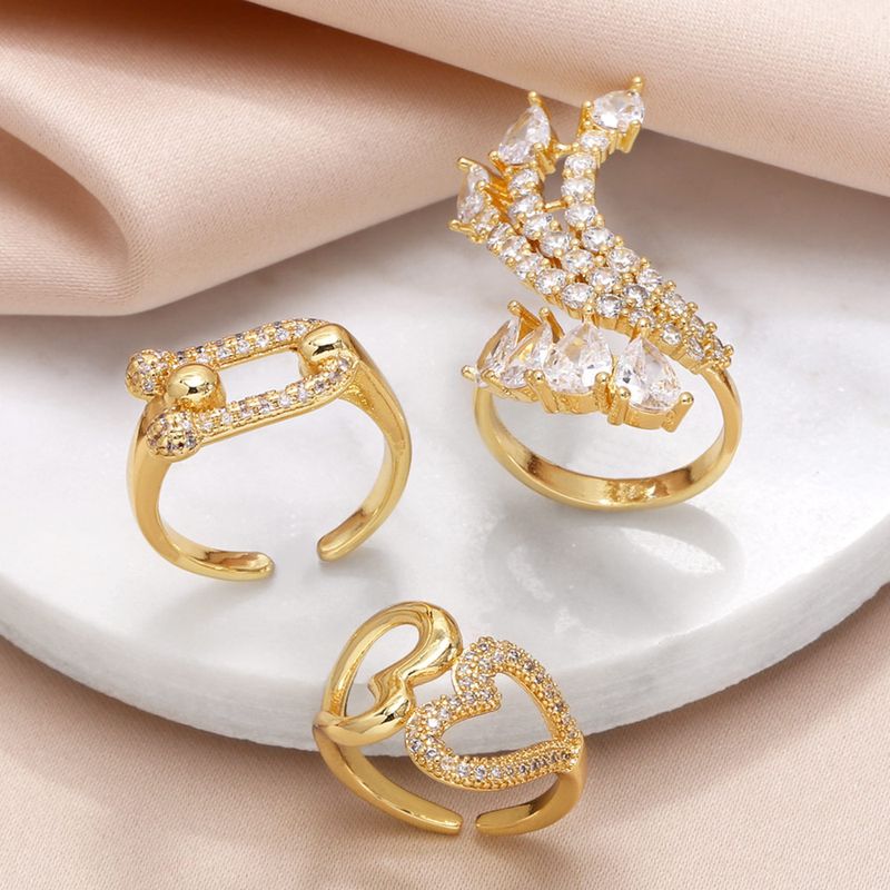 Wholesale Elegant Simple Style Heart Shape Copper Plating Inlay 18K Gold Plated Zircon Rings