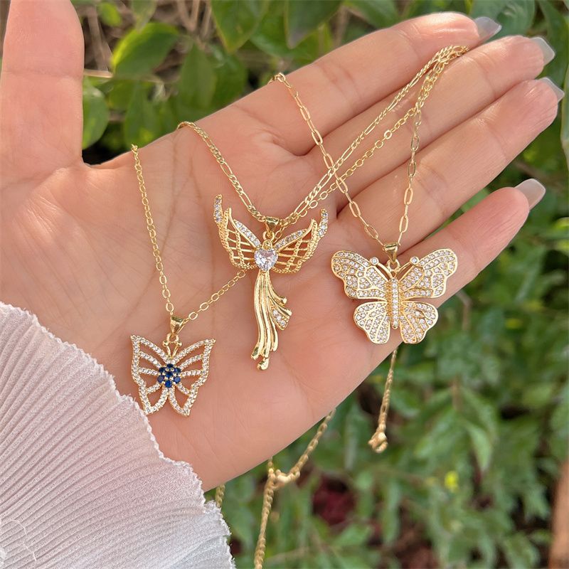 Copper 18K Gold Plated Simple Style Classic Style Flower Butterfly Plating Inlay Zircon Pendant Necklace