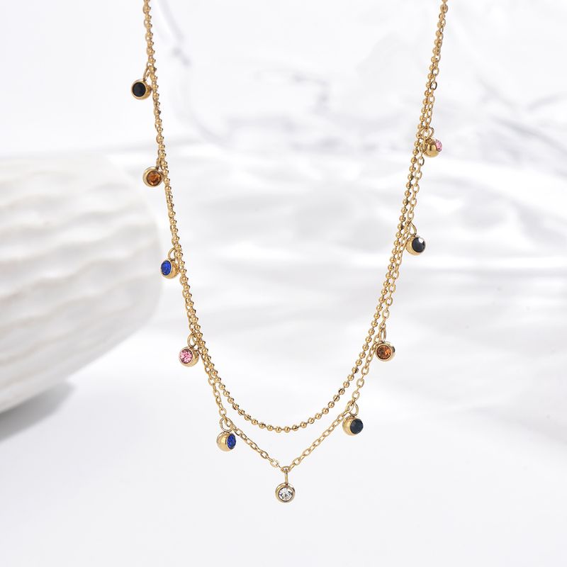 304 Stainless Steel 14K Gold Plated Simple Style Classic Style Plating Inlay Solid Color Zircon Layered Necklaces
