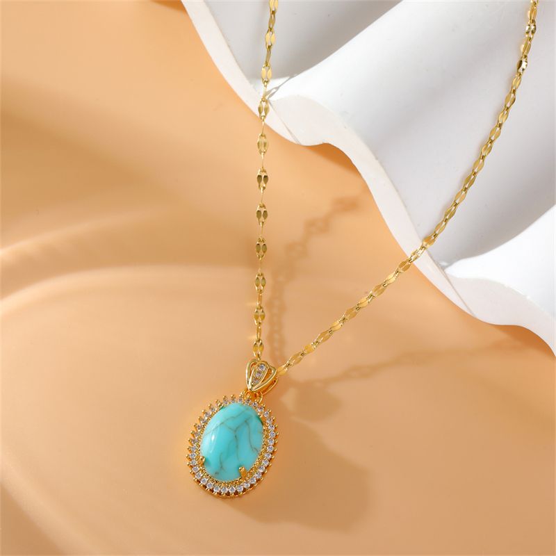 Stainless Steel Copper 18K Gold Plated Simple Style Plating Inlay Water Droplets Turquoise Zircon Pendant Necklace