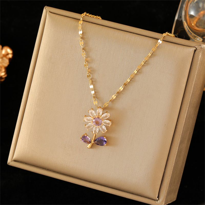 Wholesale Simple Style Flower 201 Stainless Steel Brass Plating Inlay 18K Gold Plated Zircon Pendant Necklace