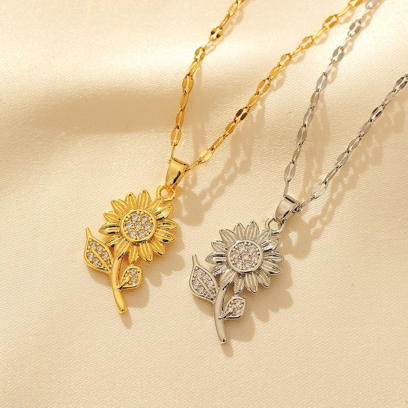 Copper 18K Gold Plated Simple Style Classic Style Sunflower Inlay Zircon Pendant Necklace