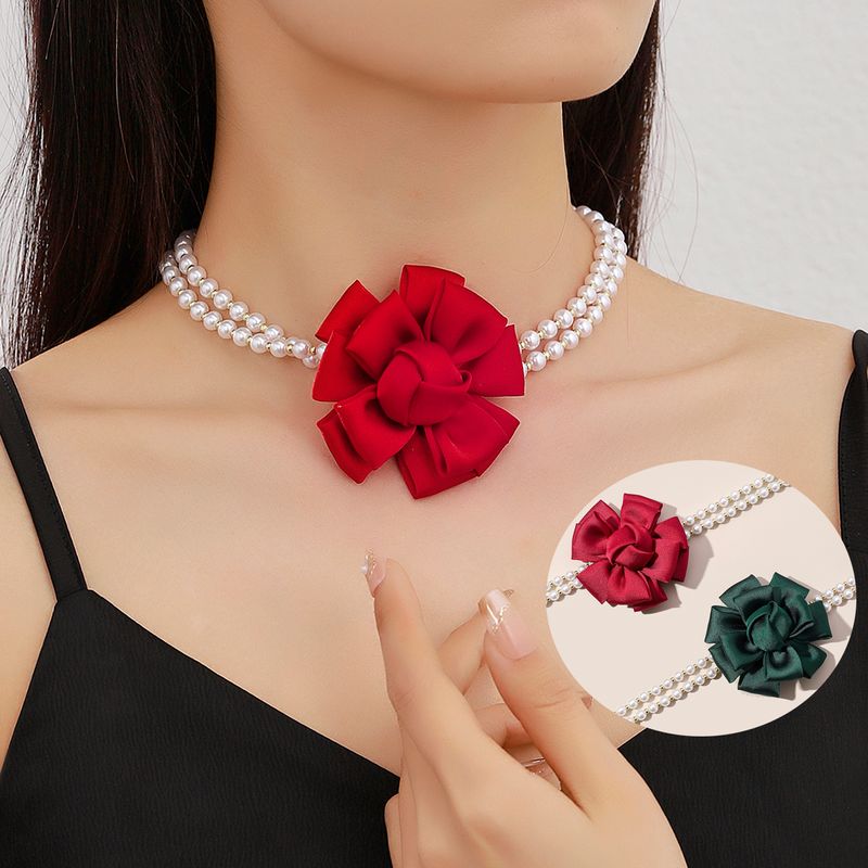 Bijoux En Gros Style De Fée Élégant Sucré Rose Perle Artificielle Chiffon Collier Ras De Cou