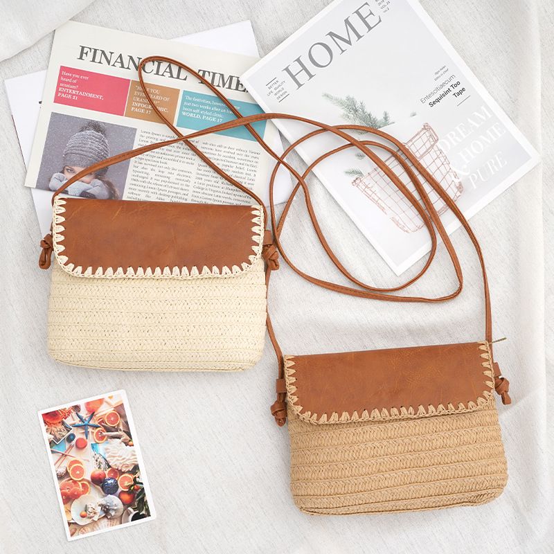 Women's Small Straw Color Block Vacation Flip Cover Straw Bag