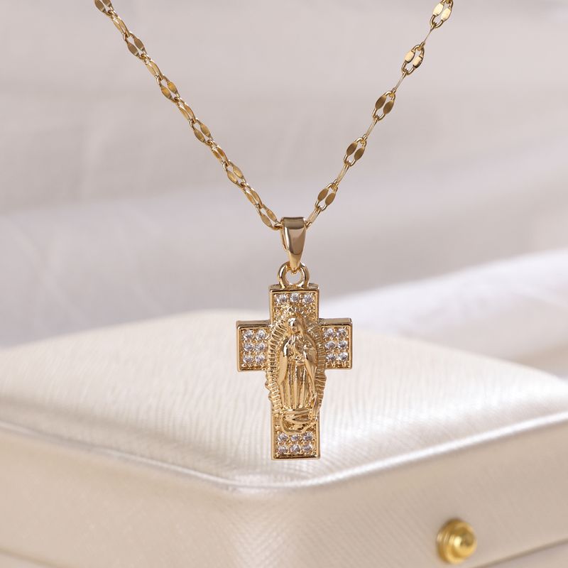 304 Stainless Steel Copper 18K Gold Plated Elegant Glam Plating Inlay Cross Zircon Pendant Necklace