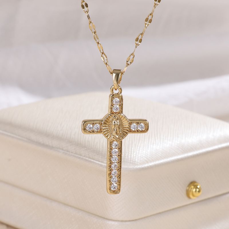304 Stainless Steel Copper 18K Gold Plated Elegant Glam Luxurious Plating Inlay Cross Zircon Pendant Necklace