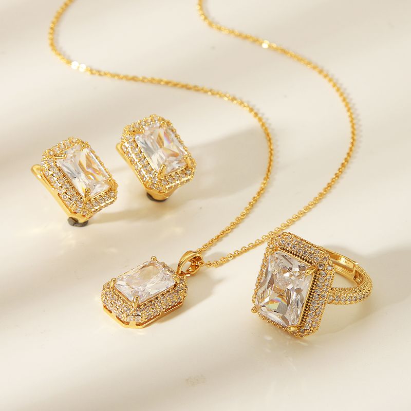 Copper 14K Gold Plated Vintage Style Simple Style Inlay Rectangle Zircon Jewelry Set
