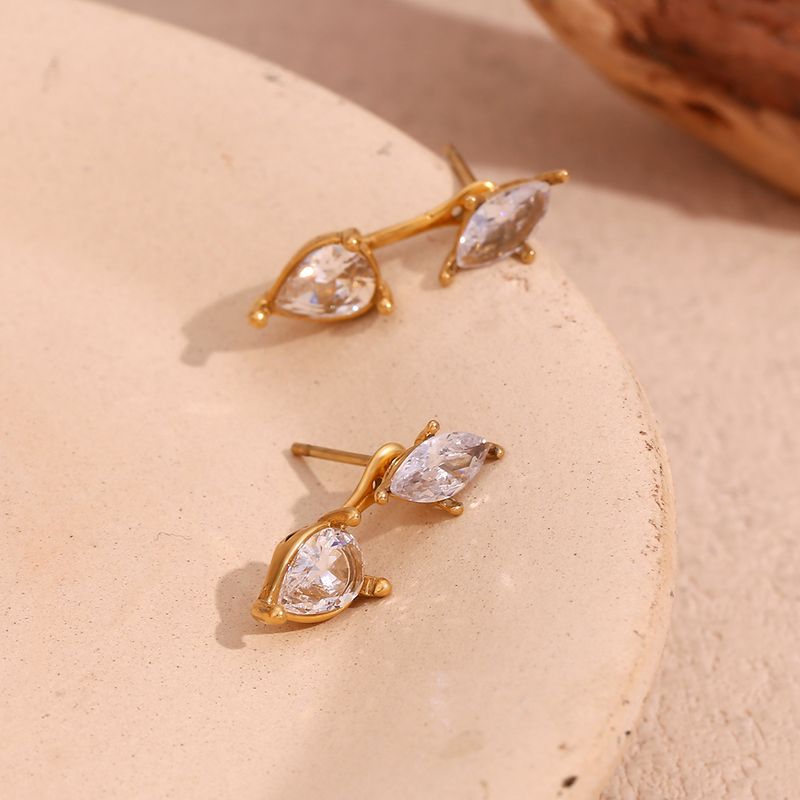 1 Pair Basic Simple Style Classic Style Water Droplets Plating Inlay 304 Stainless Steel Zircon 18K Gold Plated Ear Studs