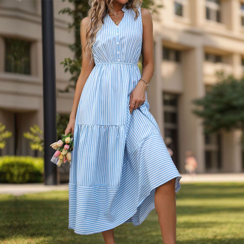 Women's Regular Dress Elegant Standing Collar Sleeveless Stripe Midi Dress Daily