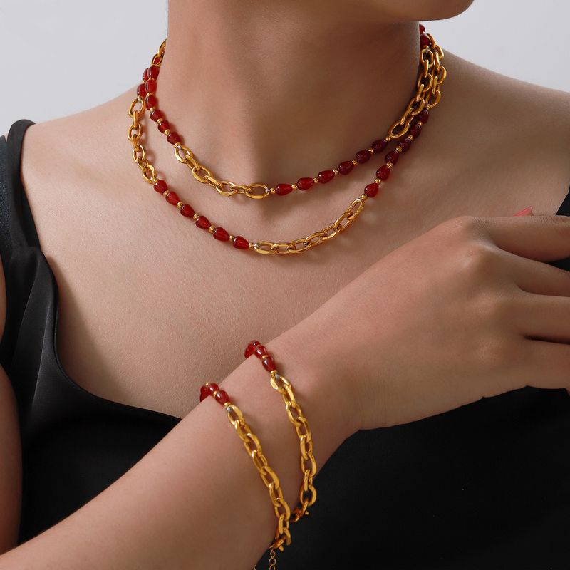 Elegante Clásico Señora Geométrico Ágata Acero Titanio Con Cuentas Enchapado Chapados en oro de 18k Mujeres Pulsera Collar