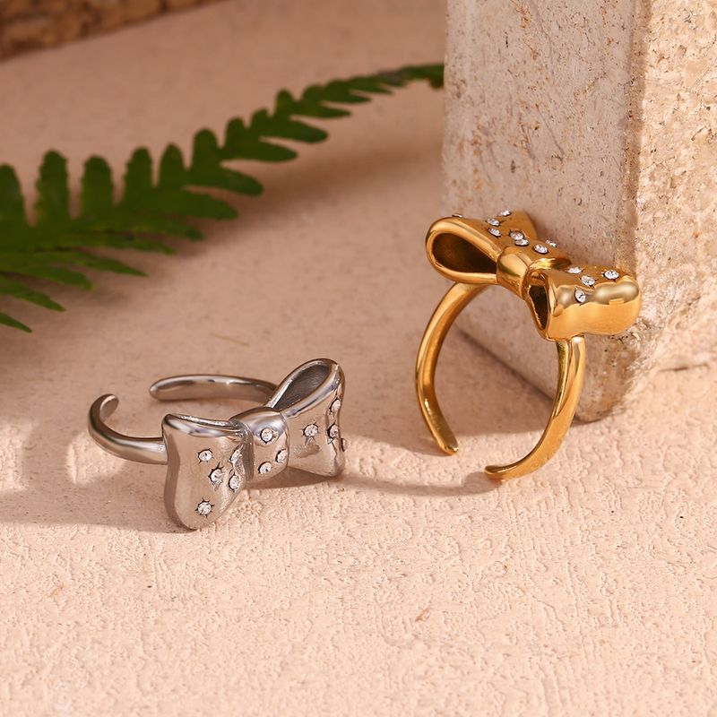 Basic Simple Style Classic Style Bow Knot 316L Stainless Steel  18K Gold Plated Zircon Open Rings In Bulk