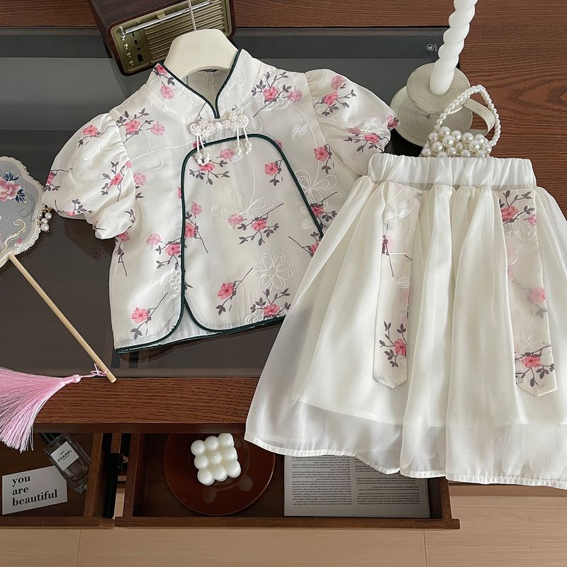 Chinoiserie Princess Flower Embroidery Bowknot Chiffon Girls Clothing Sets