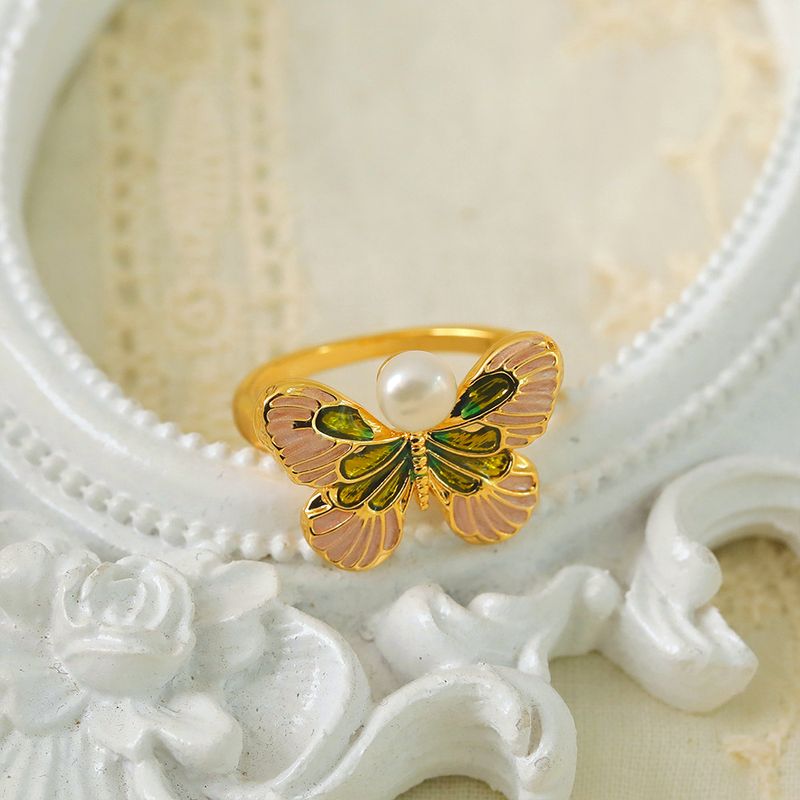 Copper 18K Gold Plated Y2K Retro Luxurious Enamel Plating Butterfly Copper Rings