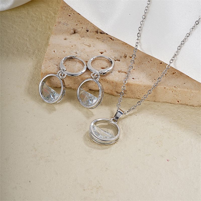 304 Stainless Steel Copper Rhodium Plated Luxurious Simple Style Inlay Round Zircon Earrings Necklace