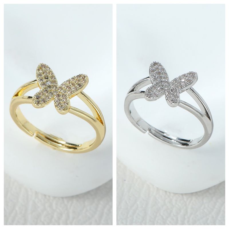 Simple Style Classic Style Butterfly Alloy Asymmetrical Inlay Zircon Women's Open Rings