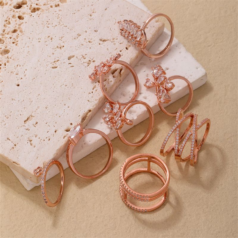Copper Rose Gold Plated Elegant Modern Style Classic Style Inlay Maple Leaf Petal Zircon Rings