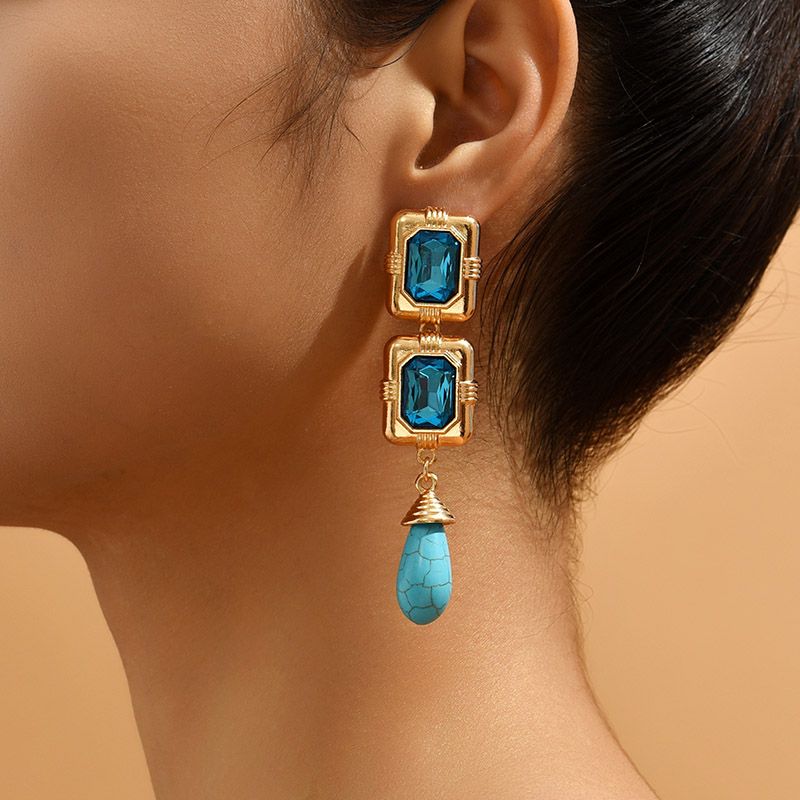 1 Pair IG Style Simple Style Water Droplets Rectangle Inlay Alloy Turquoise Rhinestones Drop Earrings