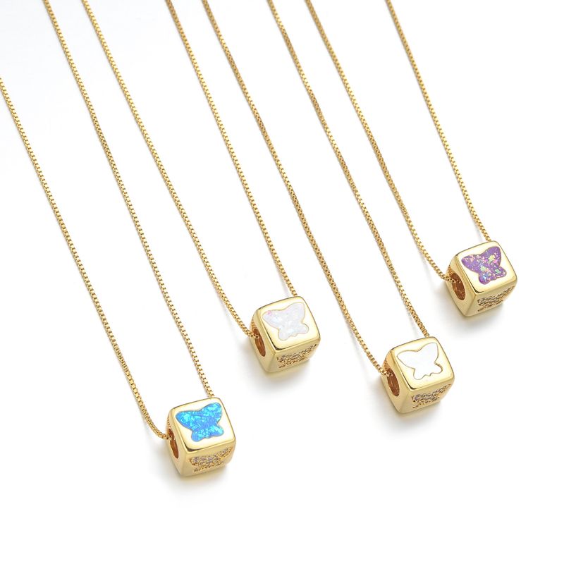 Copper 18K Gold Plated IG Style Simple Style Enamel Inlay Square Butterfly Shell Zircon Necklace