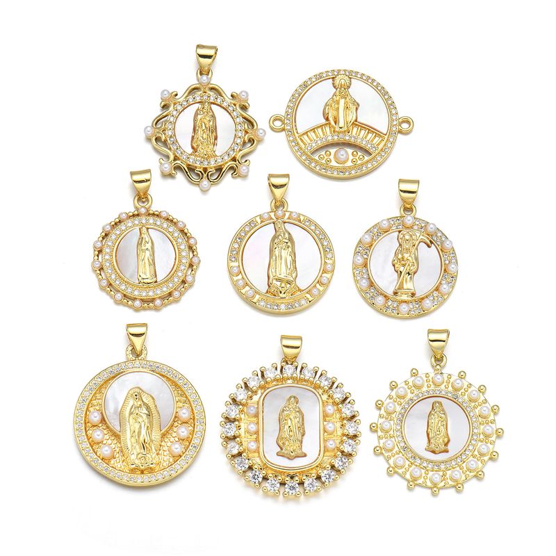 1 Piece 21 * 24mm 25 * 28mm 27 * 28mm Copper Zircon 18K Gold Plated Round Virgin Mary Polished Pendant