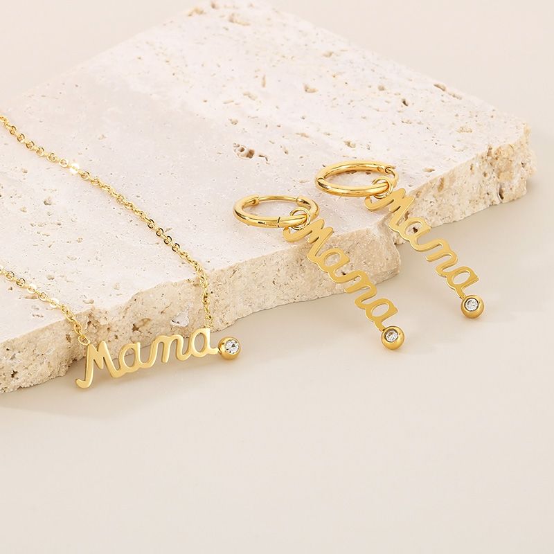 304 Stainless Steel 18K Gold Plated MAMA Simple Style Inlay Letter Zircon Earrings Necklace