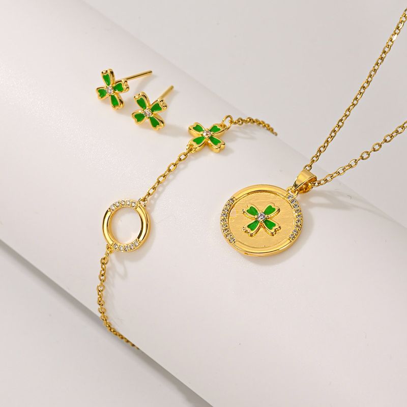 Copper 18K Gold Plated IG Style Princess Sweet Inlay Round Flower Zircon Jewelry Set